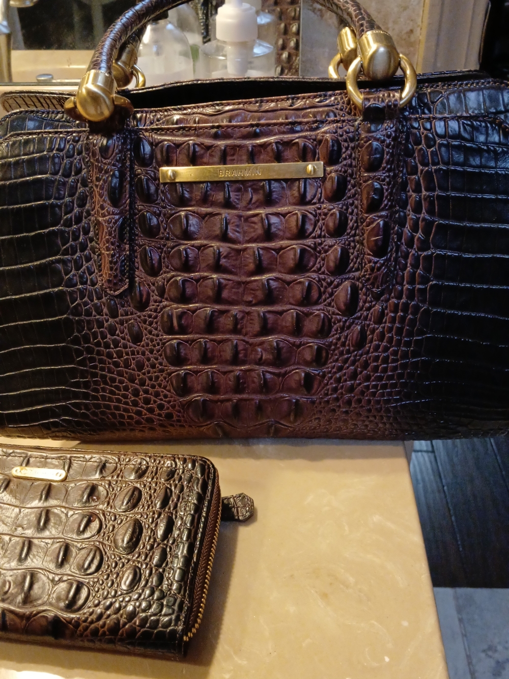 Brahmin Brown Croc-Embossed Leather Satchel with Matching Wallet